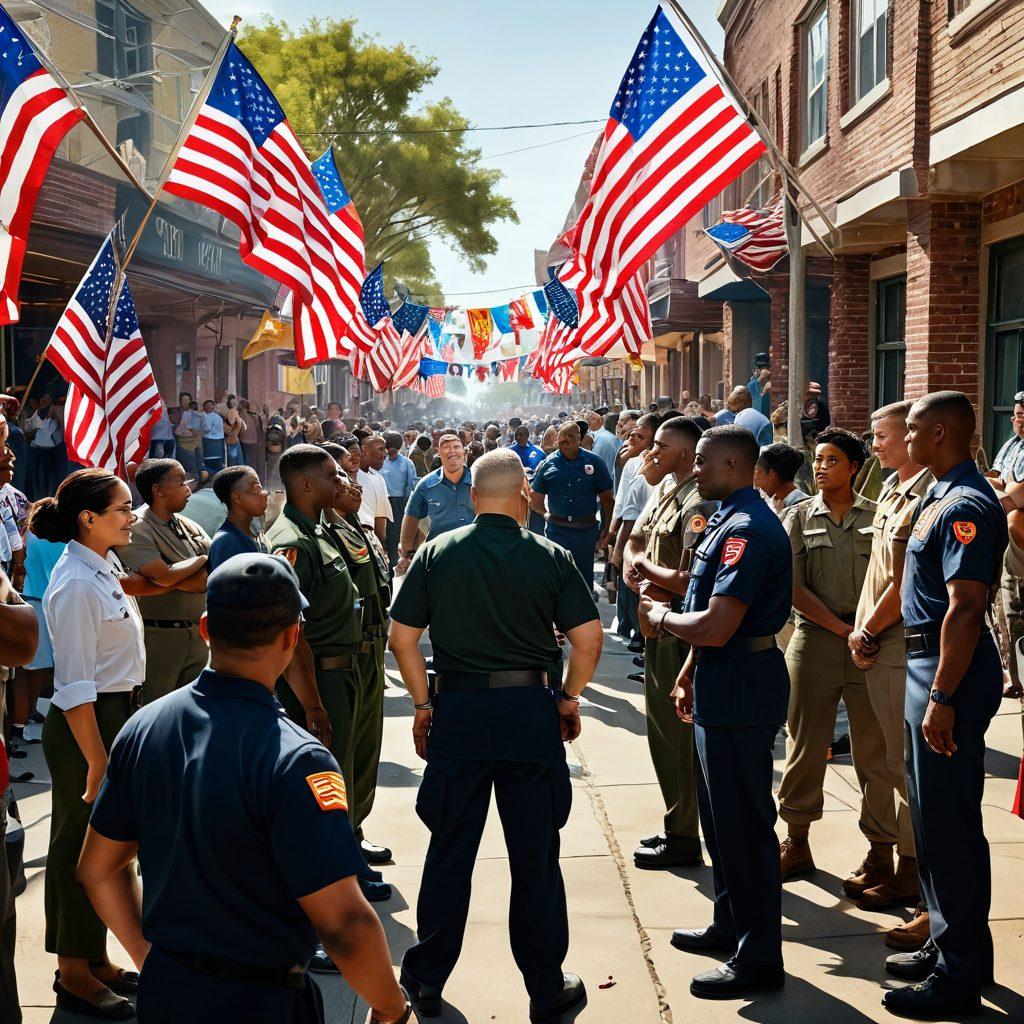 A powerful scene depicting diverse military personnel engaging with civilians in a community setting, showcasing teamwork and camaraderie. Highlight strong leadership through a central figure guiding a group discussion, surrounded by symbols of unity like flags and community banners. Infuse the atmosphere with a warm and inviting tone, capturing shared moments of respect and understanding. vibrant colors. super-realistic. community-oriented.