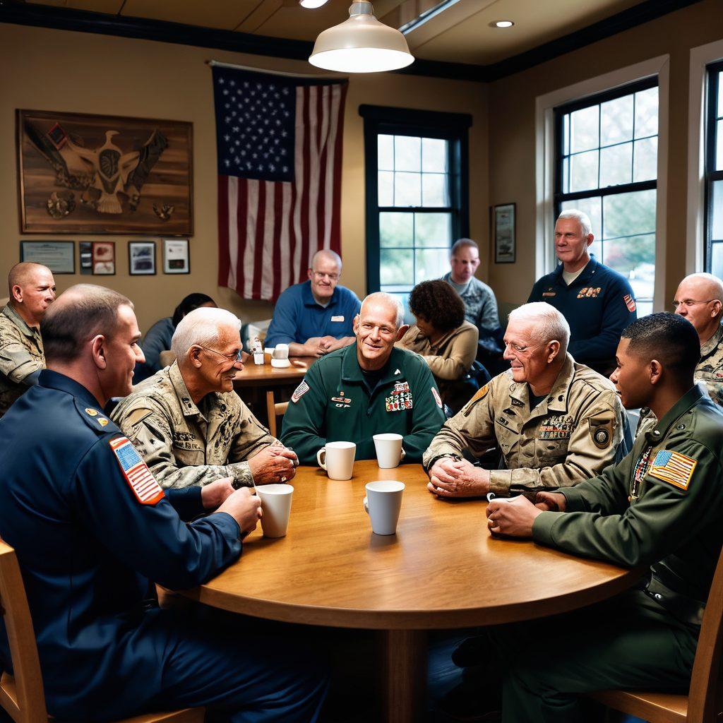 A powerful illustration depicting a diverse group of veterans and active service members sharing stories and support over coffee in a cozy community center. Include symbols of military service like medals and flags in the background, along with warm lighting to evoke a sense of camaraderie and connection. The scene should reflect unity, resilience, and respect. vibrant colors. super-realistic.