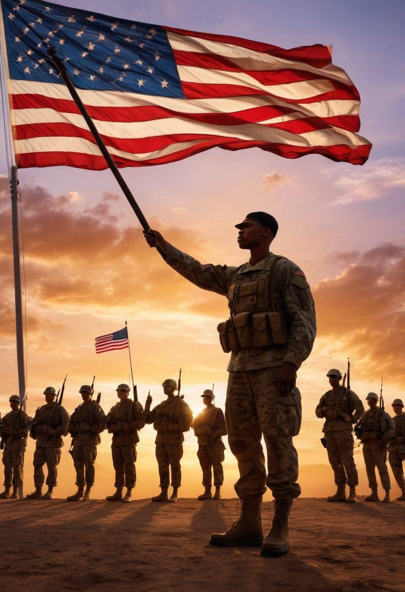 A powerful image of a diverse group of soldiers from various backgrounds, standing together with determination and unity, against a backdrop of an American flag gently waving. In the foreground, a soldier helping another, symbolizing camaraderie and empowerment, with a soft sunset illuminating the scene. The atmosphere feels uplifting and respectful, celebrating the heart of the military community. vibrant colors. super-realistic. dynamic composition.